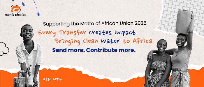 Remit Choice banner showing African families and children with the message: “Every Transfer Creates Impact, Bringing Clean Water to Africa. Send more. Contribute more.”
